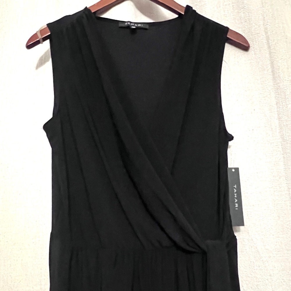 NWT Tahari Black Sleeveless Flowy Wrap Front Jumpsuit Wide Leg Belted Size L - Picture 1 of 13